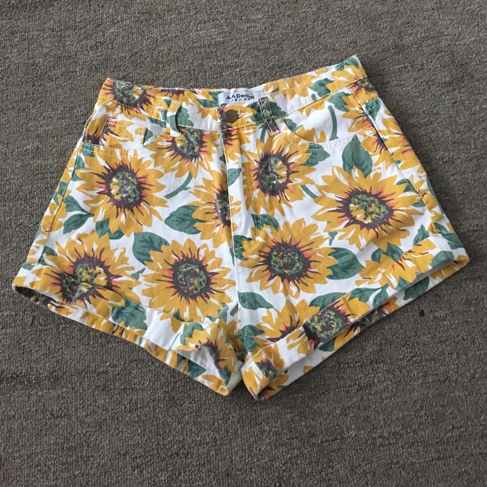 High Waisted Denim Sunflower Shorts